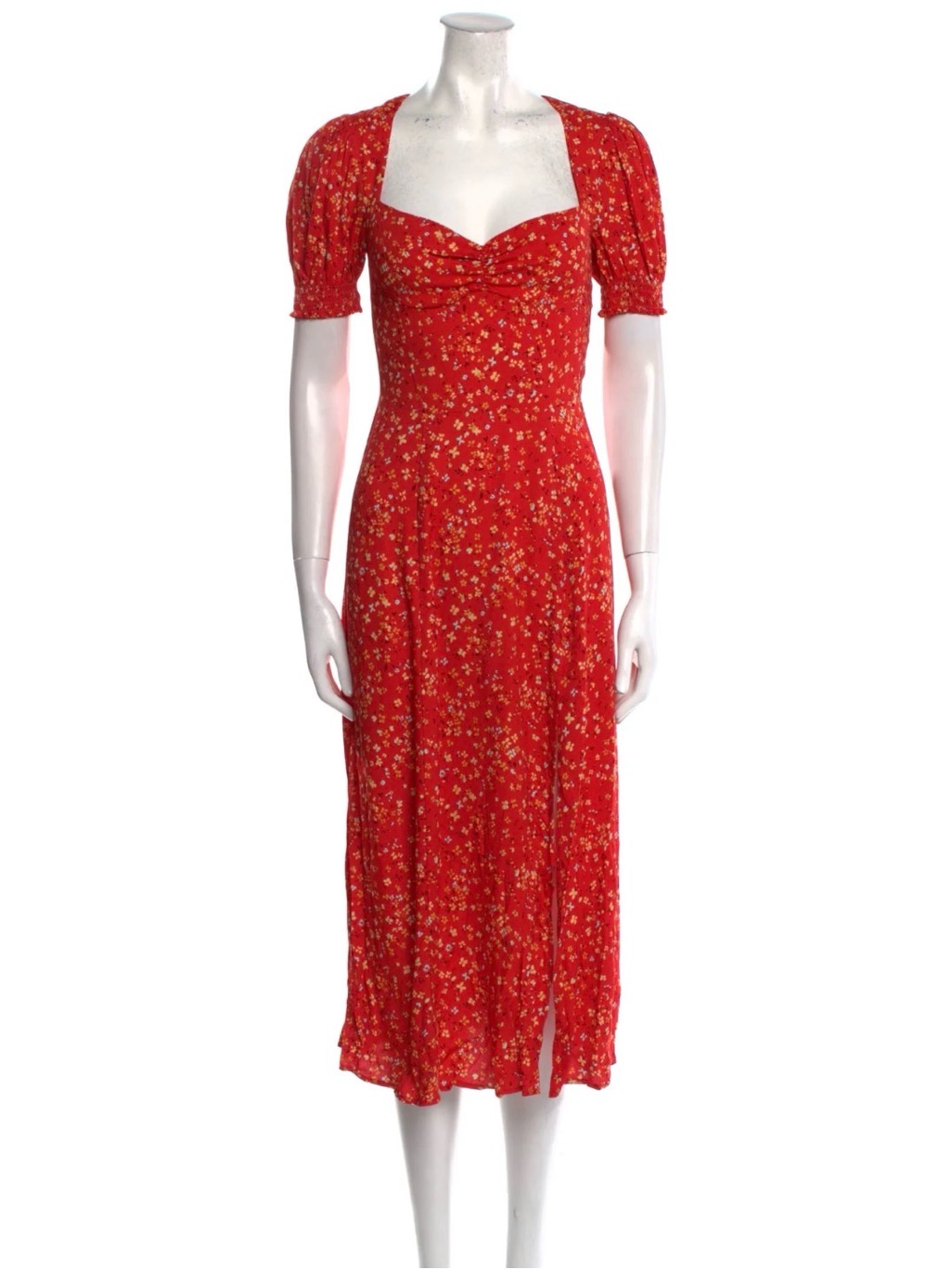 Reformation Red Floral The Lacey Midi Dress With Puff Sleeves Size 4